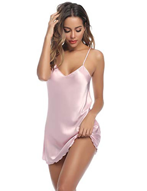 Aibrou Womens Satin Nightgown Sexy Spaghetti Strap Lingerie Chemises Mini Slip Short Nightwear Pink Aibrou Womens Satin Nightgown Sexy Spaghetti Strap Lingerie Chemises Mini Slip Short Nightwear Pink