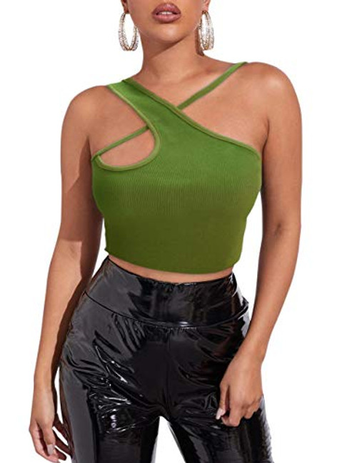 SAFRISIOR Women Sexy Cross Crop Cami Top Hollow Out Ribbed Knit Sleeveless Crop Tank Top Basic Solid Camisole Green
