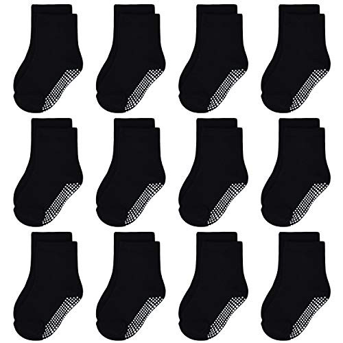 Baby Non Slip Socks 12 Pairs with Grips Anti Skid Sticky Socks for 6-12 Months Toddler Little Boys Girls Infants Kids -3 12 Pairs Black 6-12 Months-