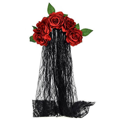 June Bloomy Day of the Dead Headpiece Rose Floral Crown Veil Halloween Costume Mexican Headband -Burgundy- June Bloomy Day of the Dead Headpiece Rose Floral Crown Veil Halloween Costume Mexican Headband -Burgundy-