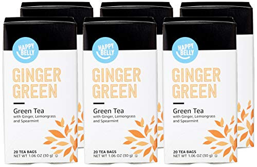 Amazon Brand - Happy Belly Green Tea Bags Ginger 20 Count -Pack of 6- -Previously Solimo-