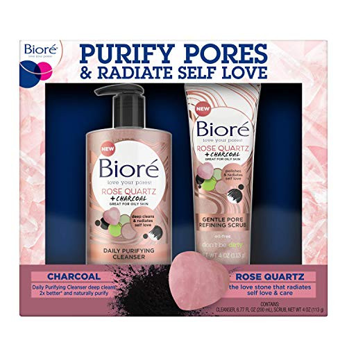 Biore Rose Quartz Charcoal Daily Purifying Cleanser -6.77 Ounces-  Plus Gentle Pore Refining Scrub -4 Ounces- Face Wash  and  Scrub Naturally Purifies Pores  and  Energizes Skin Dermatologist Tested Oil Free