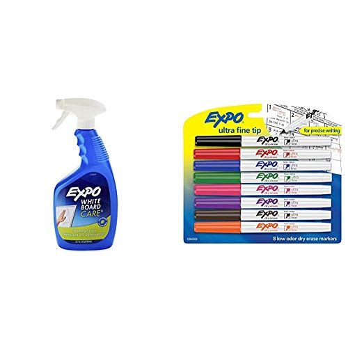 EXPO Whiteboard / Dry Erase Board Liquid Cleaner 22-ounce  and  1884309 Low-Odor Dry Erase Markers Ultra Fine Tip Assorted Colors 8-Count