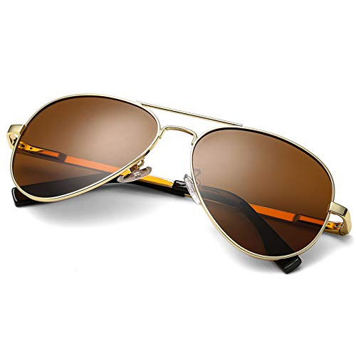 Polarized Aviator Sunglasses for Men Women Lightweight Metal Frame Sun Glasses UV400 Protection-Gold Frame/Brown Lens-