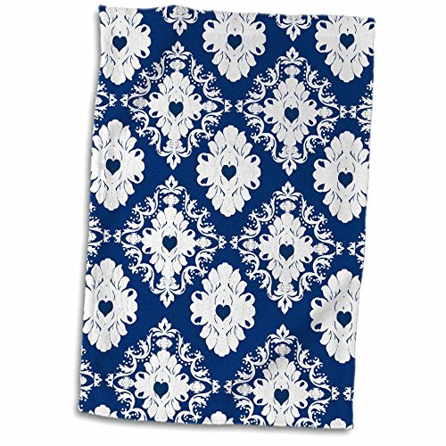 3D Rose Navy Hearts Blue White Damask Hand/Sports Towel 15 x 22 Multicolor