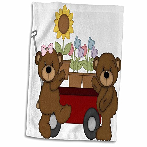 3D Rose Cute Brown Teddy Bears with A Wheelbarrow Full of Potted Flowers Hand Towel 15 inch x 22 inch Multicolor