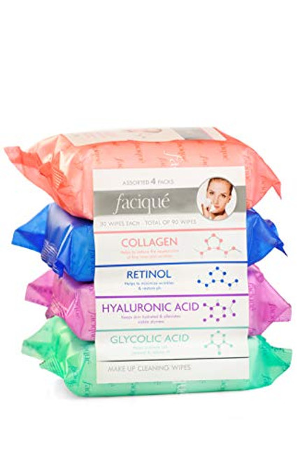 Facique Assorted Makeup Cleansing Wipes- Collagen/Retinol/Hyaluronic Acid/Glycolic Acid