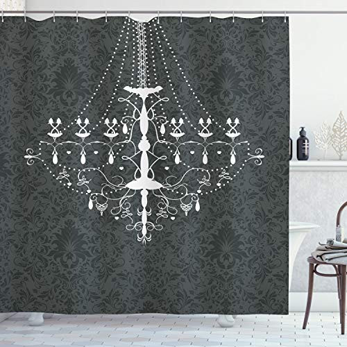 Ambesonne Vintage Shower Curtain Victorian Baroque Nostalgic Chandelier on Damask Background Rococo Design Cloth Fabric Bathroom Decor Set with Hooks 84 inch Long Extra Dark Grey
