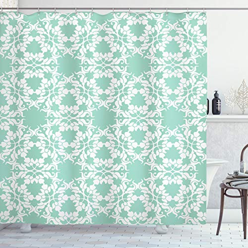 Ambesonne Turquoise Shower Curtain Floral Ornamental Damask Cercle Curl Pattern Vintage Victorian Design Print Cloth Fabric Bathroom Decor Set with Hooks 84 inch Long Extra White Teal Ambesonne Turquoise Shower Curtain Floral Ornamental Damask Cercle Curl Pattern Vintage Victorian Design Print Cloth Fabric Bathroom Decor Set with Hooks 84 inch Long Extra White Teal