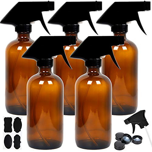Youngever 5 Pack Empty Amber Glass Spray Bottles 8 Ounce Refillable Container for Essential Oils Cleaning Products or Aromatherapy Trigger Sprayer with Mist and Stream Settings