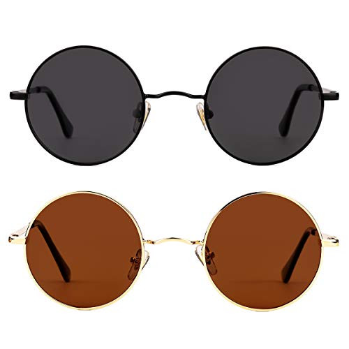 John Lennon Sunglasses - Polarized Round Sunglasses for Men Women Small Circle Glasses 2 Pack -Black/Grey PlusGold/Brown- John Lennon Sunglasses - Polarized Round Sunglasses for Men Women Small Circle Glasses 2 Pack -Black/Grey PlusGold/Brown-