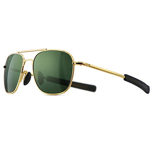 SUNGAIT Mens Military Style Polarized Pilot Aviator Sunglasses - Bayonet Temples -Gold Frame/Green Lens 55- A285JKLV