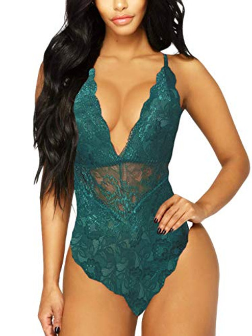 Kitty-Kitty V-Neck See Through Lingerie Floral Lace Babydoll Sexy Lingerie For Women One Piece Bodysuit Dark Green Small