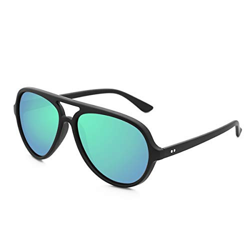 Polarized Black Aviator Sunglasses for Men for Women - Oversized Aviator Shades for Women - 70s Sunglasses UV 400 Protection -Matte Black/Polarized Green Mirror Lenses-