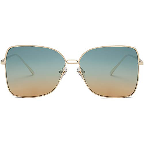 SOJOS Fashion Square Aviators Sunglasses for Women Flat Mirrored Lens SJ1082 with Gold Frame/Gradient Green and Brown Lens