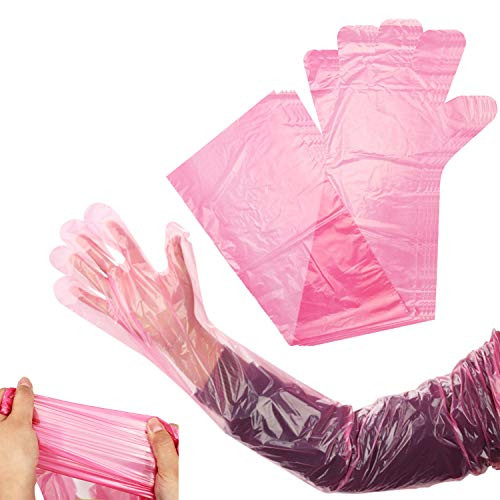 50Pcs Veterinary Insemination Rectal Long Pink Gloves Plastic Gloves Clear Gloves Large Full Arm 35 inch for Field Dressing Cow Palpation Gutting Examination Food Prep