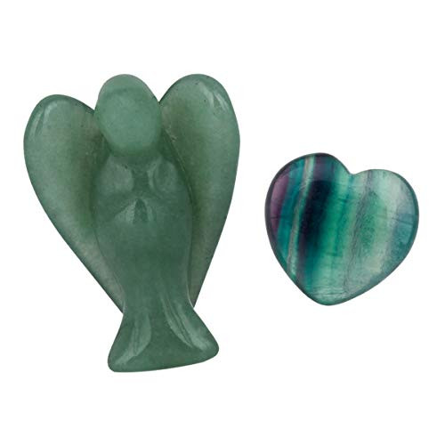 rockcloud Healing Crystals Puff Heart  and  Guardian Angel Figurine Carved Worry Stone Chakra Reiki Balancing Set Green Aventurine  and  Fluorite