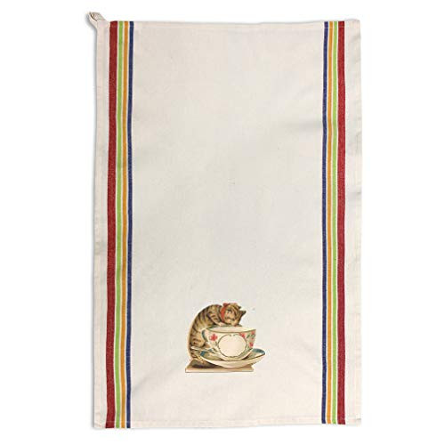 Custom Decor Kitchen Towels Cat Teacup Vintage Look Pets Pets Cats Cleaning Supplies Dish Towels Multi Stripe Design Only