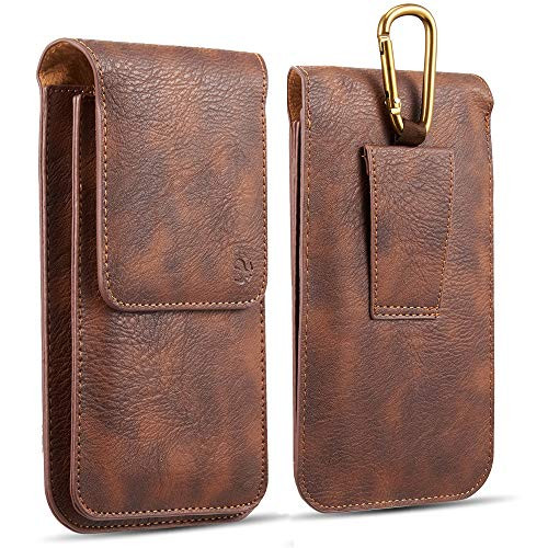 6.5-inch Vertical Brown PU Leather Universal Cell Phone Holster Pouch with Belt Loop Carabiner Clip and Card Slots