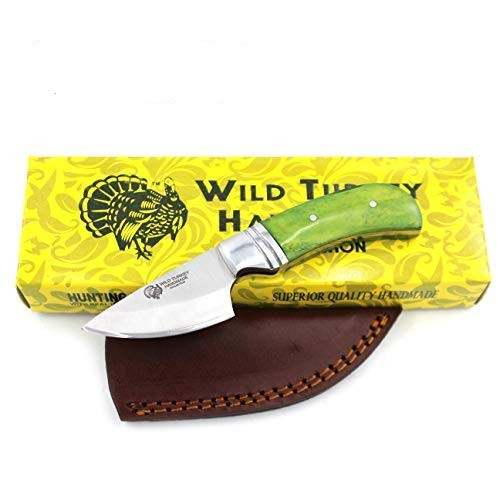 Wild Turkey Handmade Collection 6.25 inch Fixed Blade Hunting Knife w/Genuine Leather Sheath -Green-