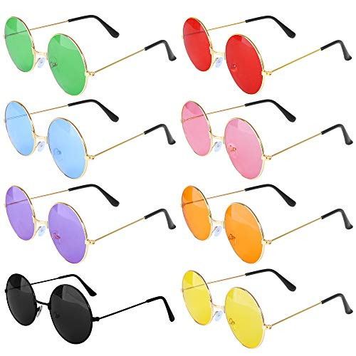 ONESING 8 Pairs Round Hippie Sunglasses Circle Sunglasses for Women John 60 s Style Circle Colored Glasses Multicoloured Large