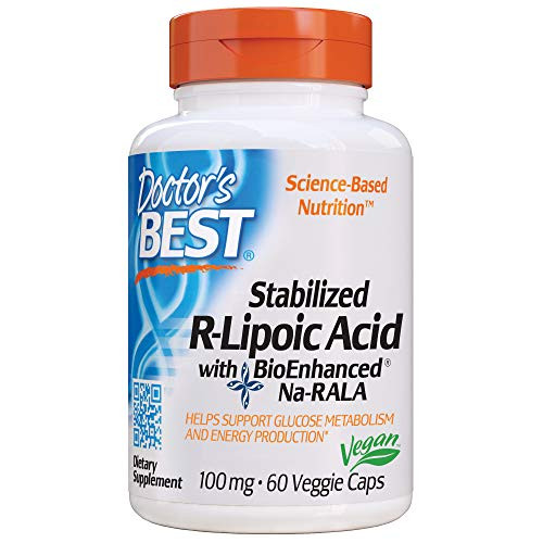 Doctors Best Stabilized R-Lipoic Acid with BioEnhanced Na-RALA Non-GMO Gluten Free Vegan Helps Maintain Blood Sugar Levels 100 mg 60 Veggie Caps -DRB-00123-