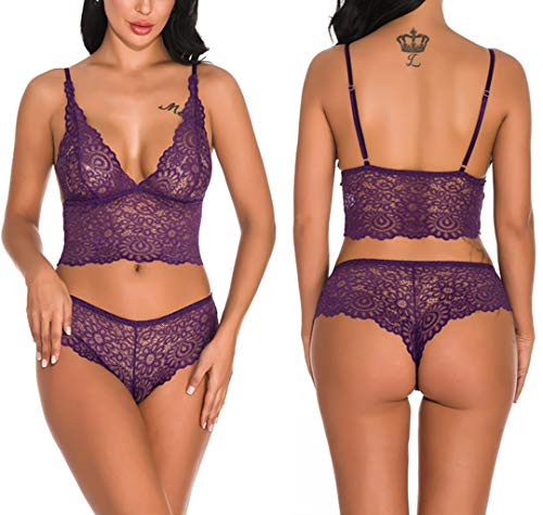 Lziizl Women Lingerie Lace Babydoll Sexy 2 Piece Bra and Panty Set Bodysuit Purple XL Lziizl Women Lingerie Lace Babydoll Sexy 2 Piece Bra and Panty Set Bodysuit Purple XL