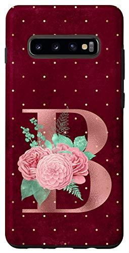 Galaxy S10 Plus Burgundy floral Initial Letter B monogram pink flowers Case
