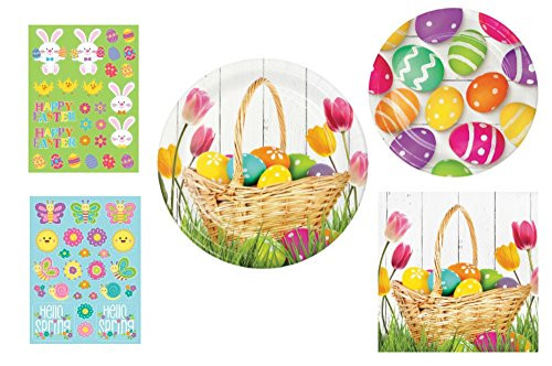 Easter Basket Party Supply Bundle Bundle Includes Paper Plates Napkins and Stickers for 8 Guests in a Basket Bounty Design