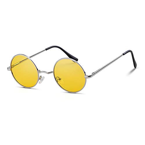 Round Retro Sunglasses Men Women Steampunk Style Circle Sun Glasses -A-Silver Frame/Yellow Polarized Lens 50-