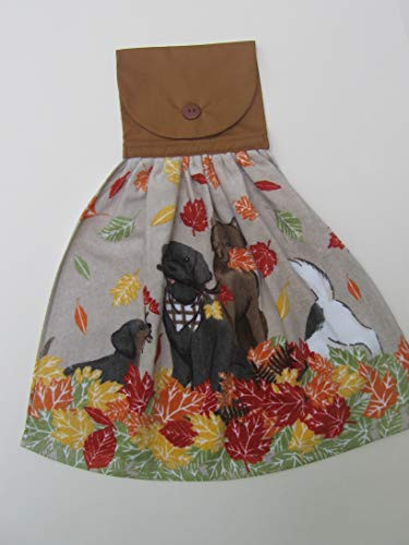 Fall Leaves and Puppy Hanging Kitchen Towel with Brown Cloth Top Gray