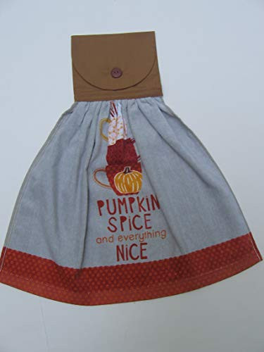 Fall Pumpkin Spice Coffee Themed Hanging Kitchen Towel with Brown Cloth Top