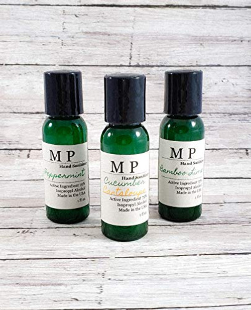 Scented Hand Sanitizer Gel 75 percent Isopropyl Alcohol Peppermint Cucumber Cantaloupe Bamboo Lime Made with alcohol Vitamin E Aloe vera Green plastic bottles click top 3 pack travel size