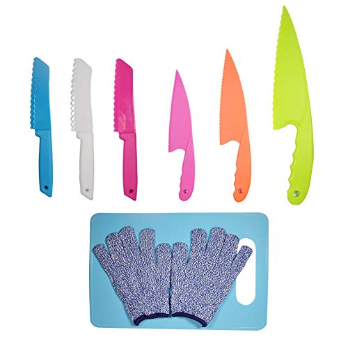 Fansisco 7PCS Kid Plastic Kitchen Knife Set Childrens Safe Cooking Knives Set with Cut Resistant Gloves -Ages 6-12- And Cutting Board Kids Safe Knife for Fruit Bread Cake Lettuce Salad -Blue-