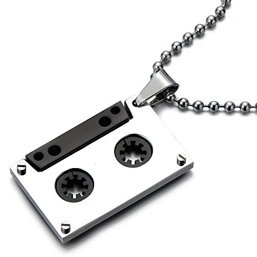 COOLSTEELANDBEYOND Unisex Cassette Pendant Necklace for Men for Women Stainless Steel with 30 Inches Ball Chain