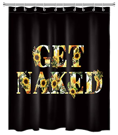 ECOTOB Get Naked Sunflower Shower Curtain for Bathroom Farmhouse Yellow Floral Creative Font Get Naked Funny Words on Black Background Fabric Bathroom Decor Set with Shower Curtain Hooks 60x72 Inch