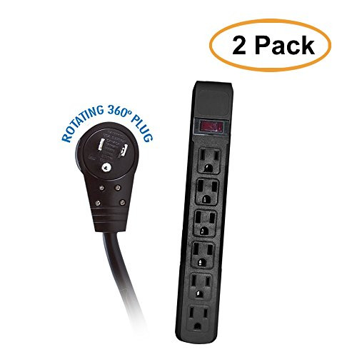 ACL 15 Feet Power Cable with 6 Outlets Surge Protector, Flat Rotating Plug, Horizontal Outlets, Black, 2 Pack