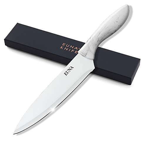 EUNA 8 inch Kitchen Knife Elegant White of Marble Texture Chefs Knife Lightweight  and  Ultra Sharp Cutting Knives with Well Balanced Handle Protective Sheath and Gift Box Mutipurpose for Cooking