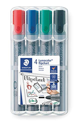 Staedtler Lumocolor Flipchart Marker Bullet Tip Water Based Box of 4 Assorted Colors -Red Blue Green Black- 356 WP4