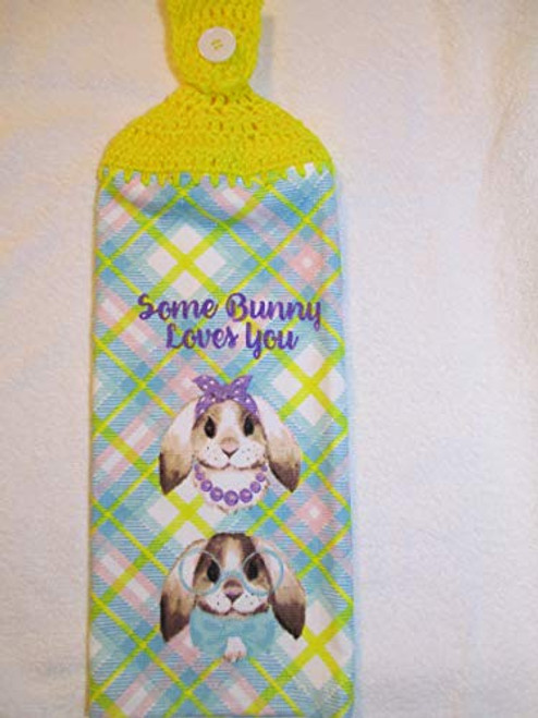 Crocheted Easter Some Bunny Loves You Kitchen Towel with Bright Yellow Yarn