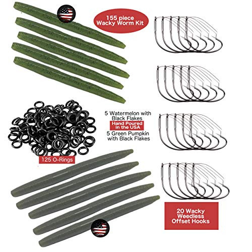 Codaicen Wacky Worm Rig Hook Kit  155 pcs Wacky Worms  Weedless Hooks - O Rings  Soft Stick Baits - Works Great with The Wacky Rig Tool