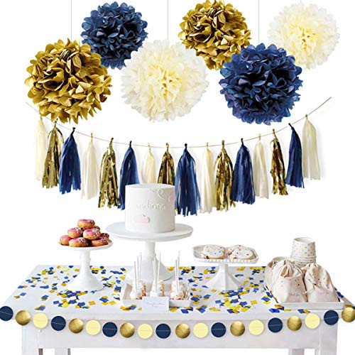 NICROLANDEE Navy Blue Gold Party Decoration Kit Nautical Baby Shower Hanging Pom Poms Paper Garland Party Confetti for Navy Party Get Ready Bridal Shower Wedding Birthday Bachelorette -Navy Gold-