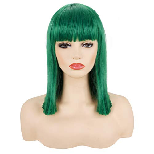 Morvally Short Straight Bob Wig Heat Resistant Hair with Blunt Bangs Natural Looking Cosplay Costume Daily Wigs -14 inch Green-