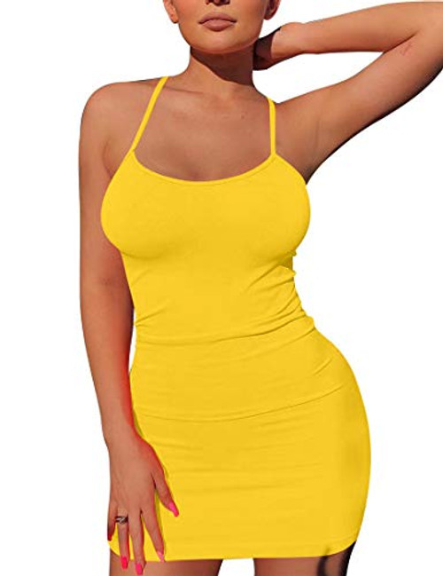 Mizoci Womens Basic Spaghetti Strap Tank Dress Sexy Sleeveless Bodycon Mini Club DressSmallYellow Mizoci Womens Basic Spaghetti Strap Tank Dress Sexy Sleeveless Bodycon Mini Club DressSmallYellow