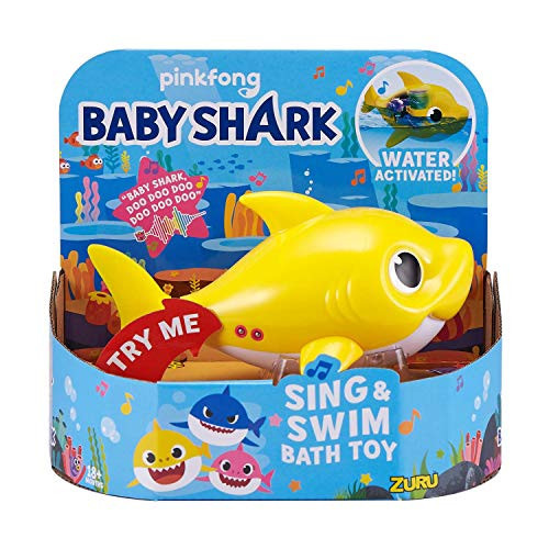 Robo Alive Junior Baby Shark Battery-Powered Sing and Swim Bath Toy by ZURU - Baby Shark -Yellow-