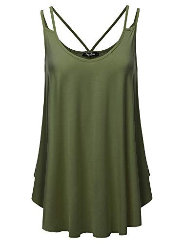 SSOULM Womens Loose Fit Flowy V Neck Sexy Pleated Cami Tank Top with Plus Size Olive 2X