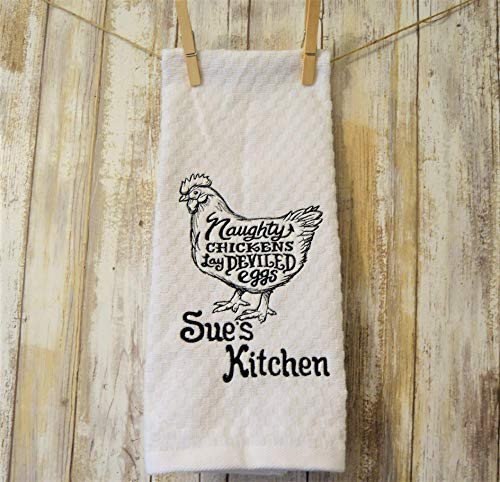 Embroidered Farmhouse Kitchen Towel Naughty Chickens Lay Deviled Eggs