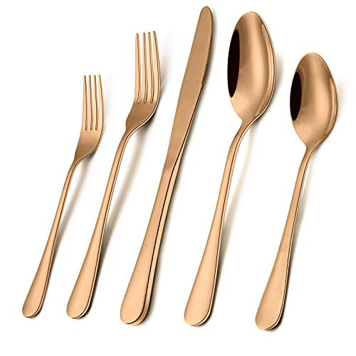 Wildone 20-Piece Copper Silverware Set Stainless Steel Flatware Cutlery Set Service for 4 Tableware Eating Utensils Include Knives/Forks/Spoons Mirror Polished Dishwasher Safe