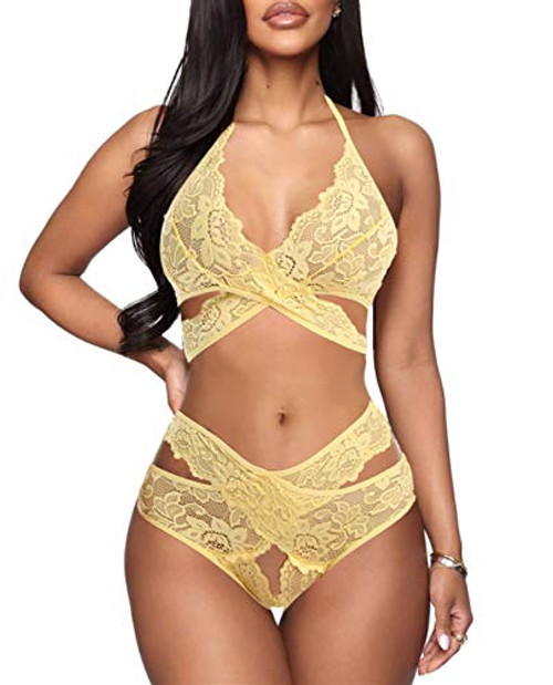 Donnalla Women Sexy Lingerie Set Two Piece Lace Bra and Panty Set Babydoll Sleepwear Yellow Medium Donnalla Women Sexy Lingerie Set Two Piece Lace Bra and Panty Set Babydoll Sleepwear Yellow Medium