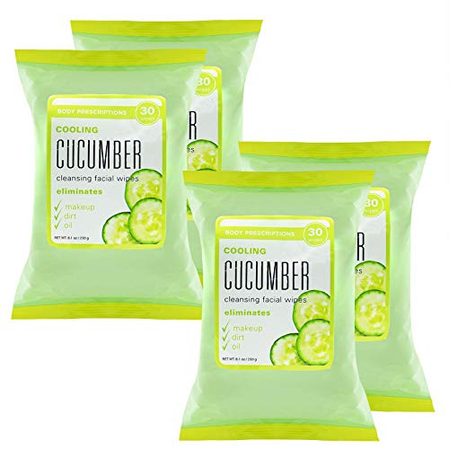 Body Prescriptions Face Wipes  and  Makeup Remover Wipes - 4 Pack -30 Count Each- of Gentle Facial Towelettes  -Cooling Cucumber-